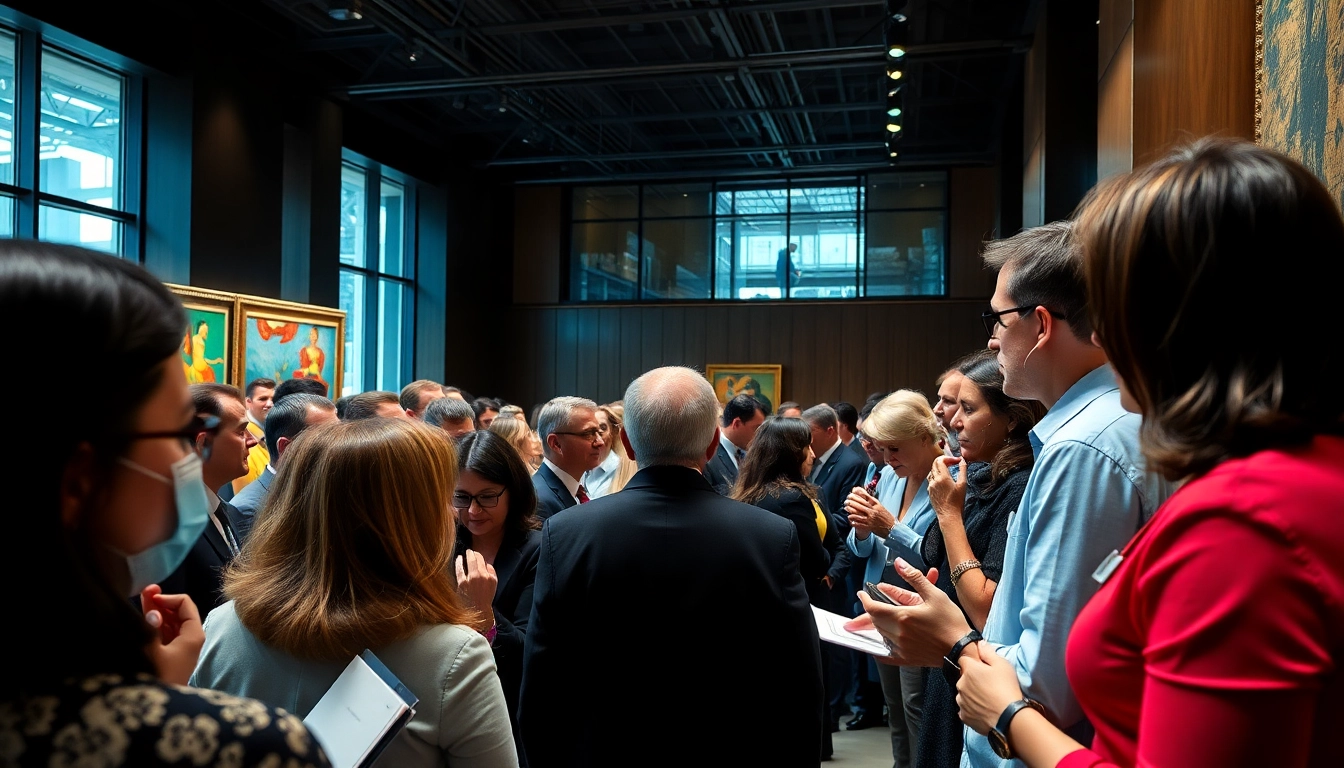 Engaged bidders gathering at https://www.avtales.com auction, showcasing vibrant art and competitive atmosphere.