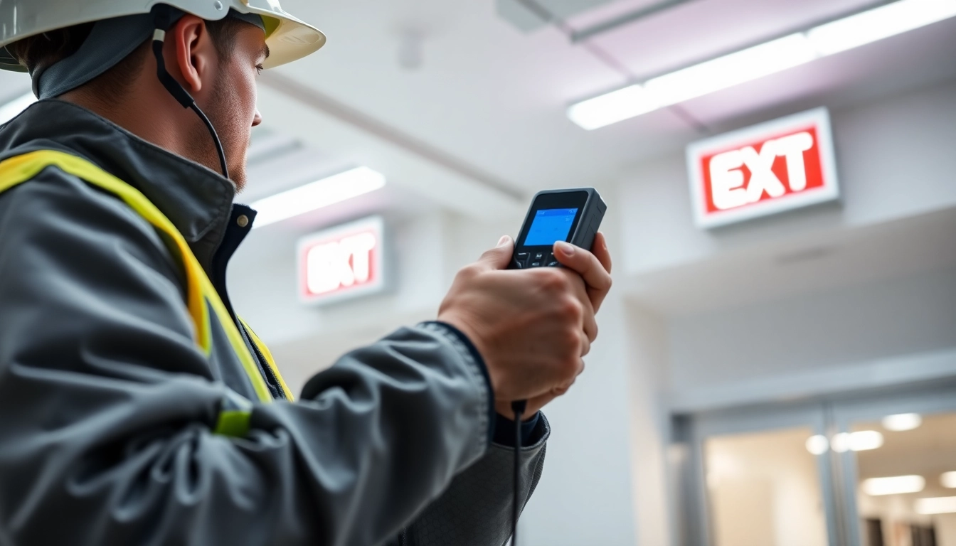 Technician conducting Emergency Light Testing in a commercial building, ensuring safety compliance.