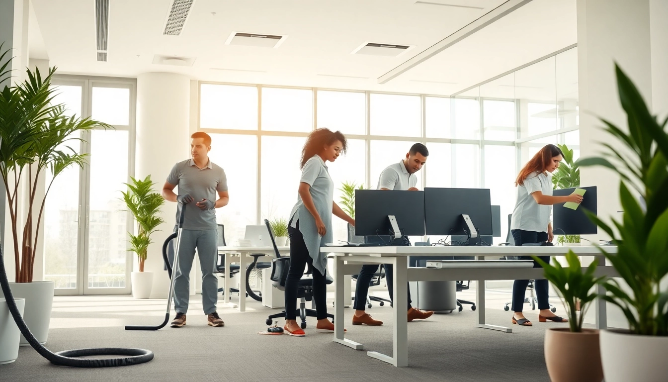 Office cleaning services Melbourne team diligently cleaning a modern office space with bright lighting.