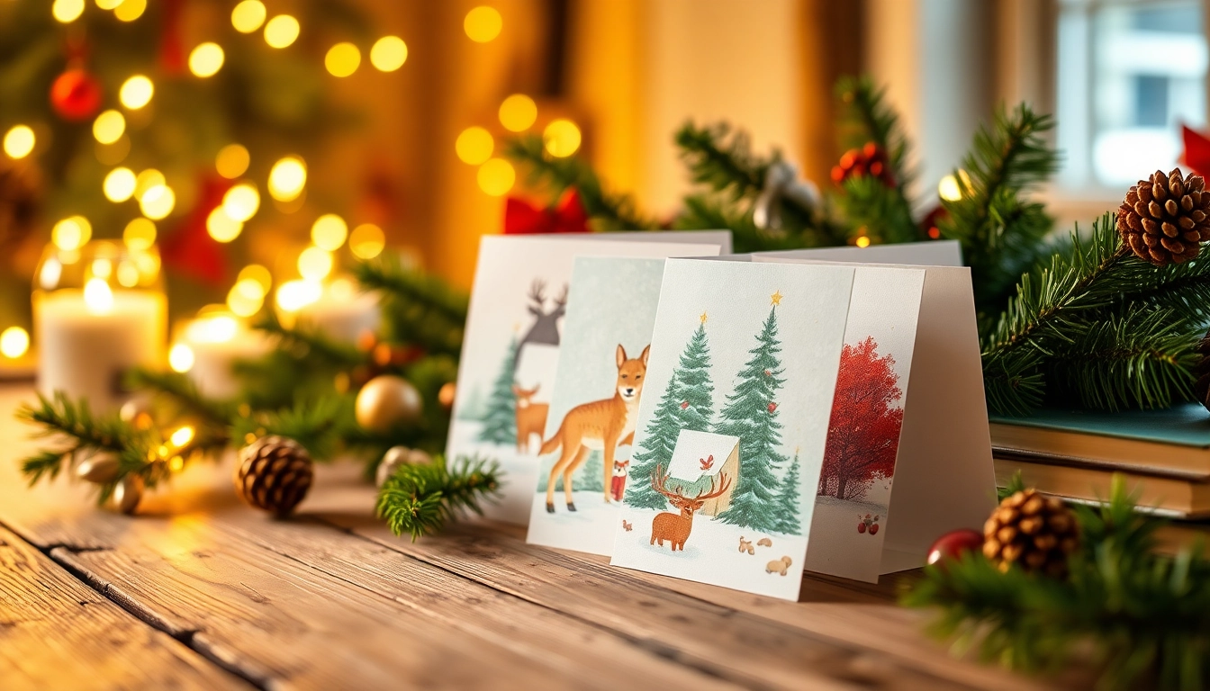 Showcase eco-friendly Christmas cards London on a rustic wooden table surrounded by festive decor.