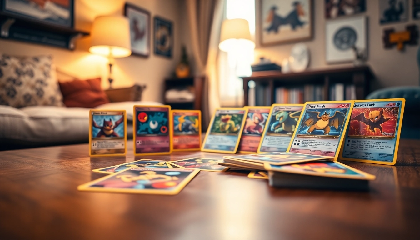 Collecting real Pokemon cards on a polished wooden table with vibrant designs.