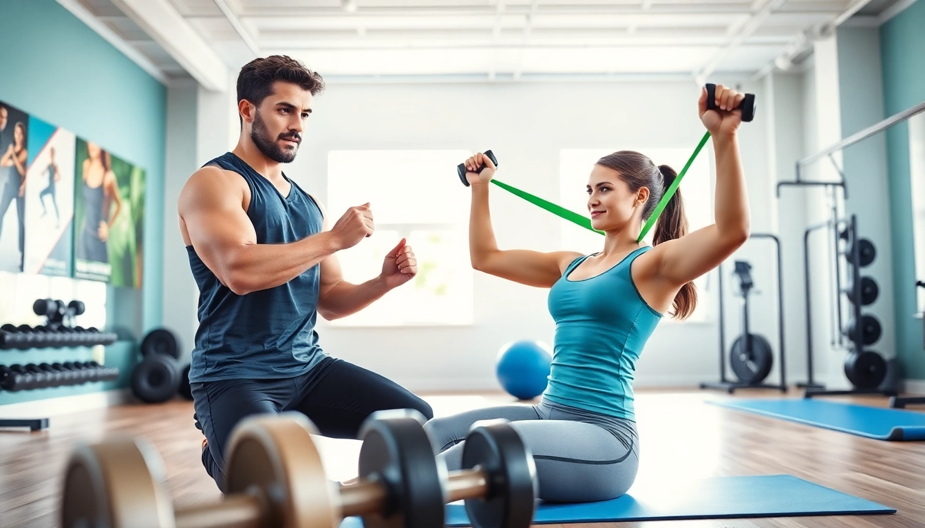 Engaged trainer demonstrating fat loss and weight loss exercises to a client in a bright gym.