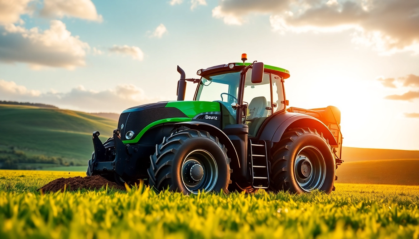 Deutz Fahr Traktor pflegt ein grünes Feld und zeigt fortschrittliche Technologie.