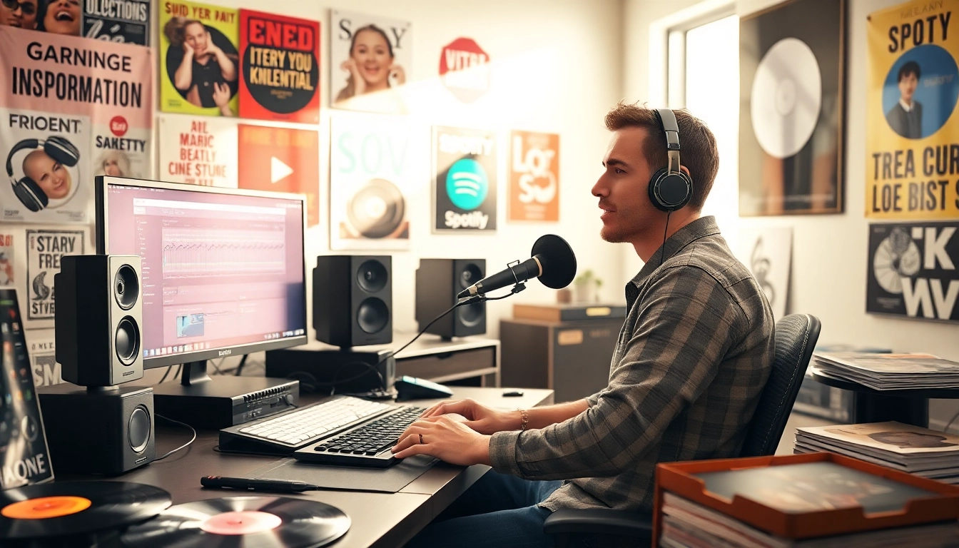 Musician engaging in spotify promotion within a dynamic studio setting, showcasing creativity.