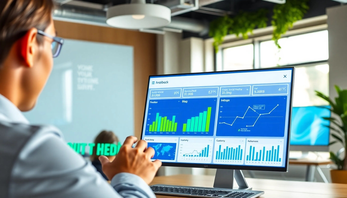 Illustration of Social media and blog automation dashboard in a modern workspace