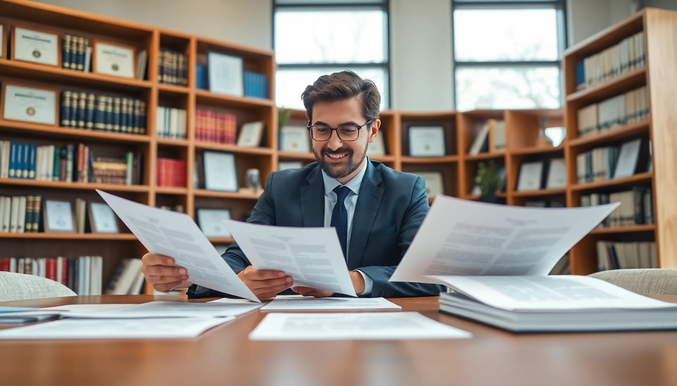 Intellectual property lawyer discussing legal matters with a client in a modern office.