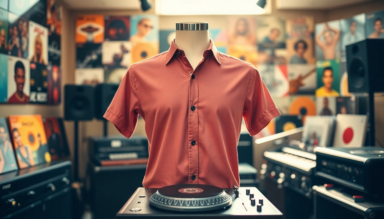 Showcase a stylish turntable shirt in a vibrant music studio setting.