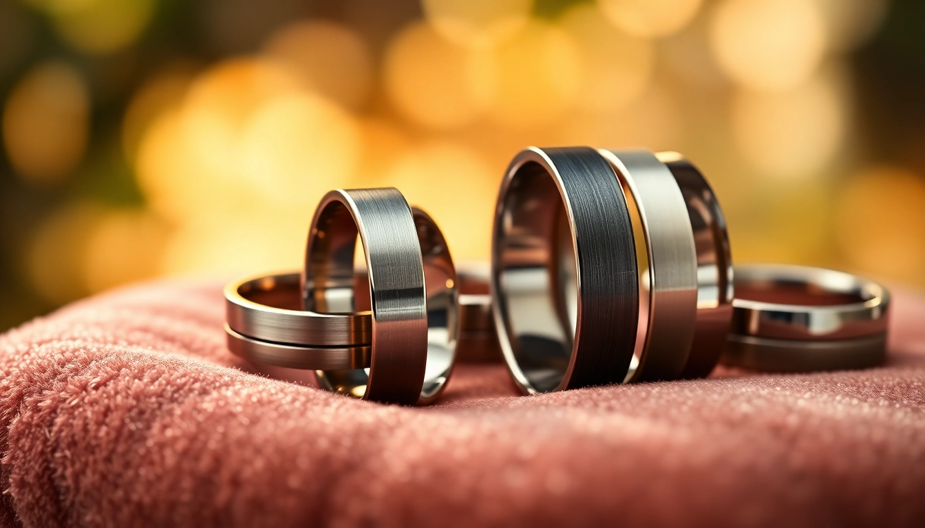 Beautiful tungsten wedding rings showcasing various designs on a velvet backdrop.