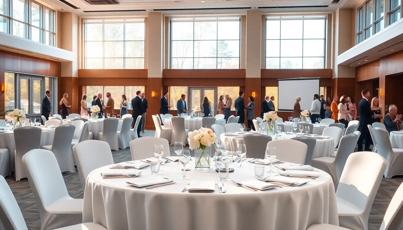 Host an elegant corporate event space featuring round tables, natural light, and a professional atmosphere.