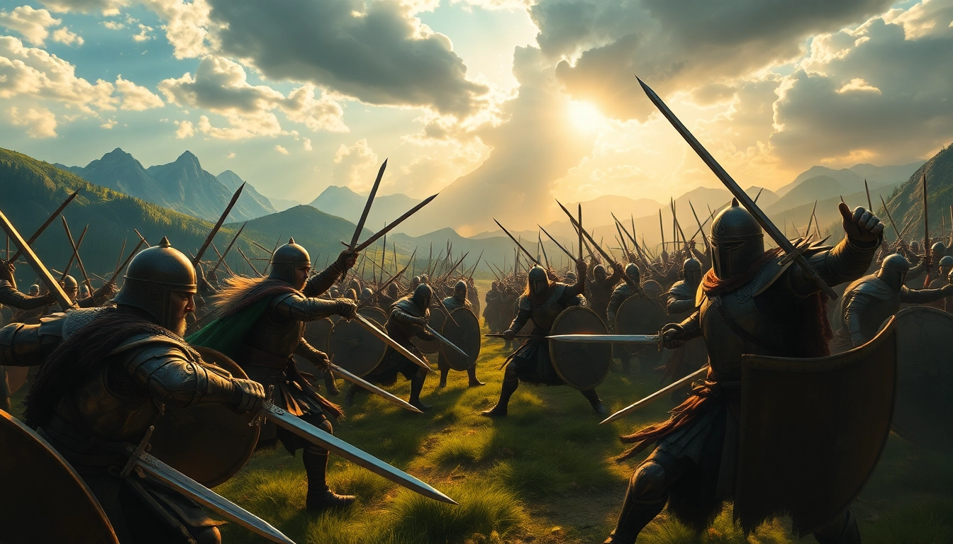 Engaging battle scene of warlords clashing in a vivid fantasy landscape.