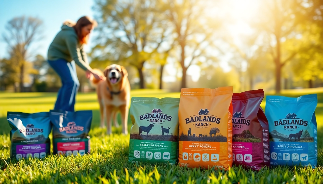 Showcasing badlands ranch dog food as a top-quality option for pets in a sunny park.