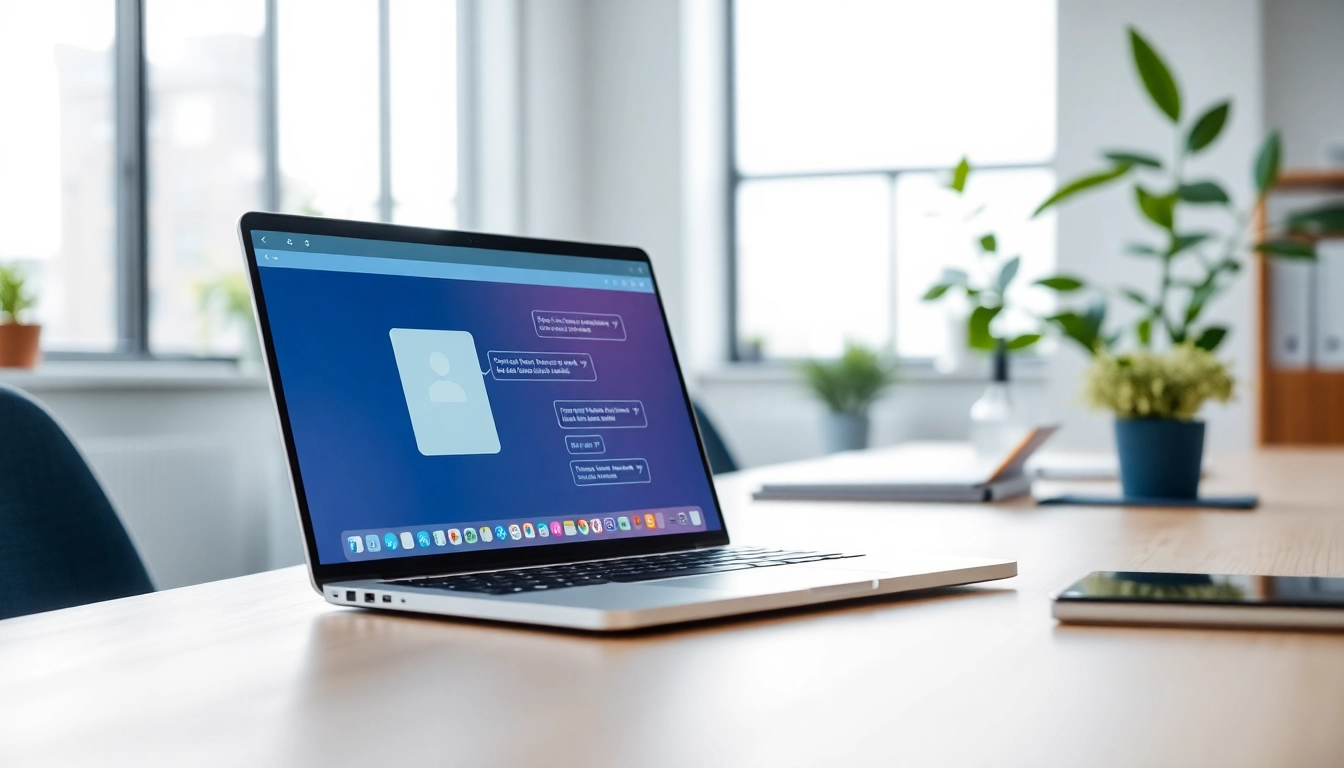 Engage with a chatbot for website platforms in a bright modern office setting.