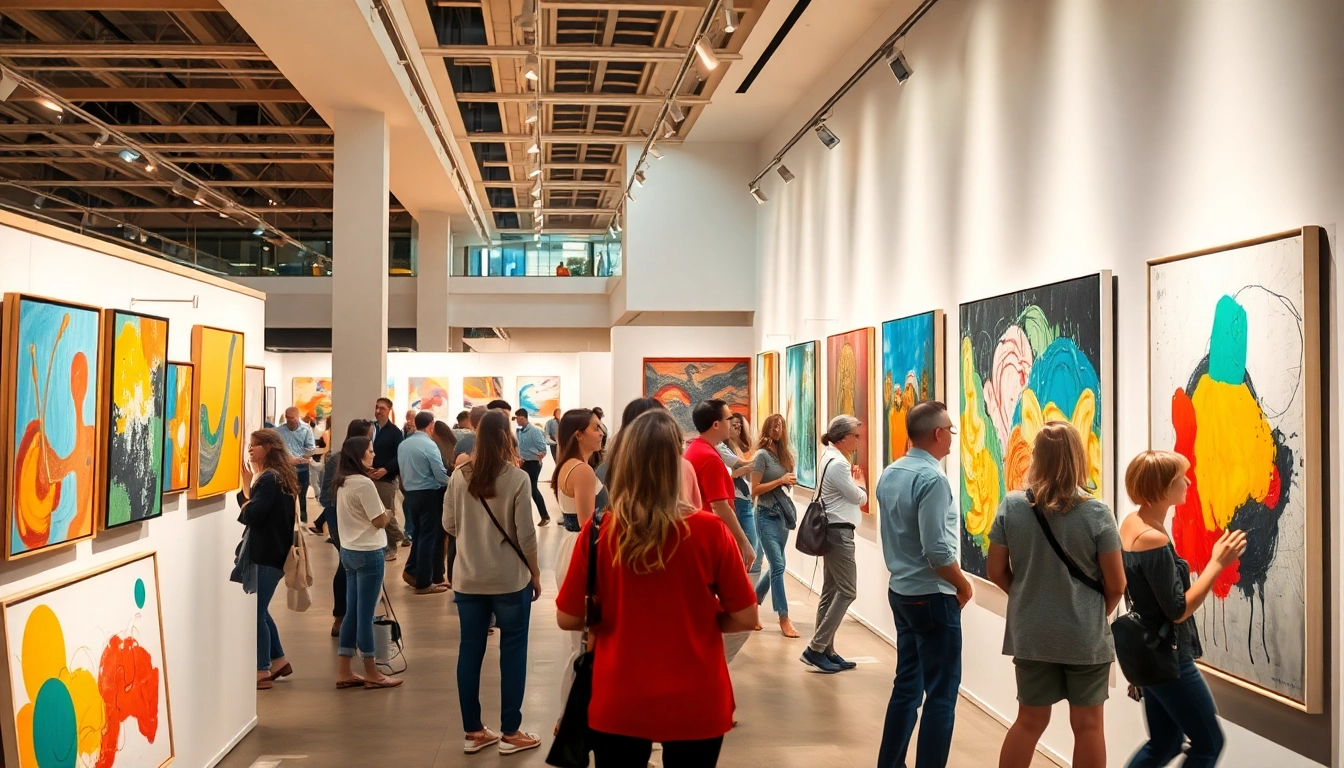Visitors admiring diverse artworks at the in lieu gallery in a vibrant exhibition setting.