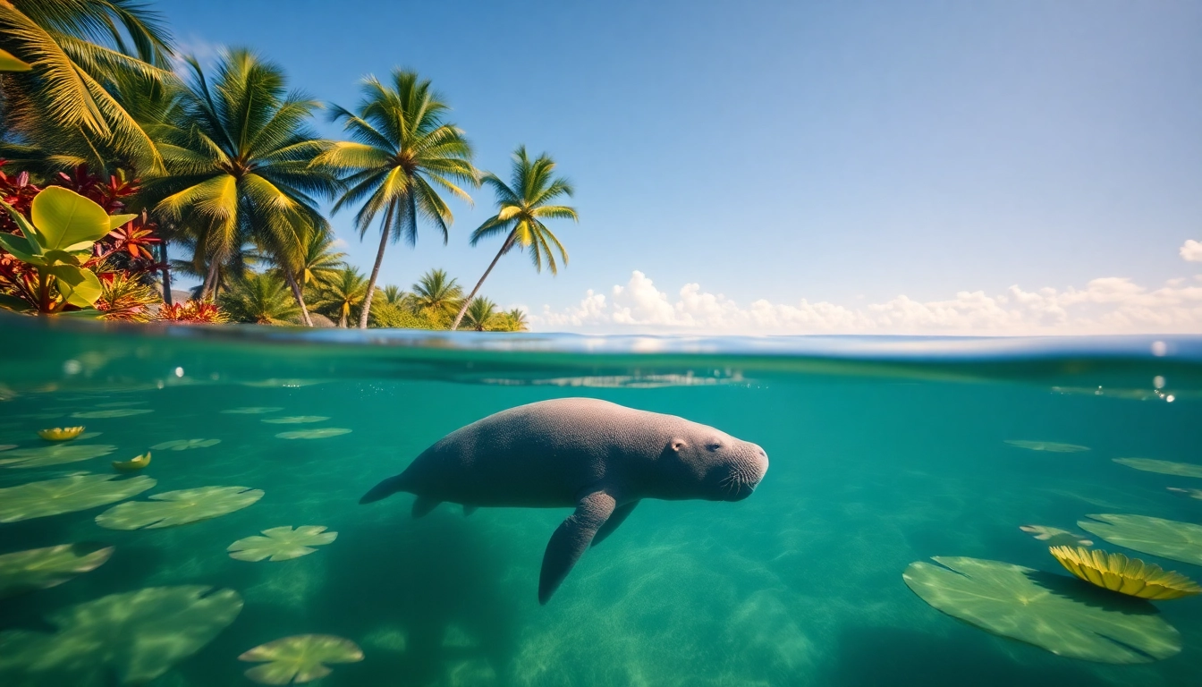 Manatees puerto rico gracefully swimming in a serene lagoon surrounded by tropical flora.