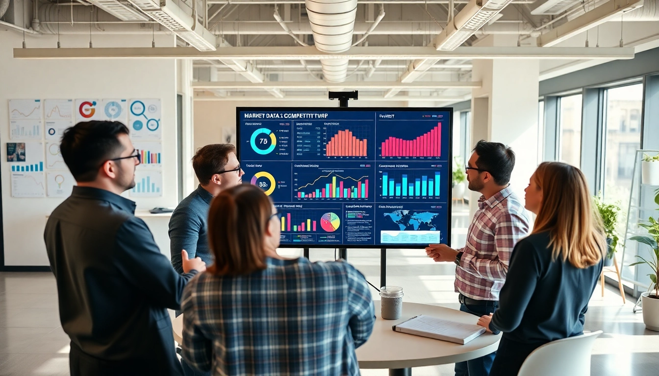 Explore competitive intelligence strategies with a vibrant team analyzing data in a modern office setting.