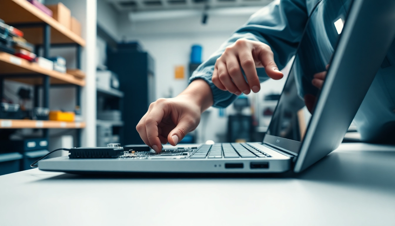 Engaging in a computer service, a technician works on a laptop in a tech repair shop.