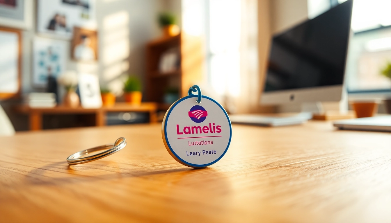 Showcasing a vibrant custom key chain with personalized design on a wooden surface.