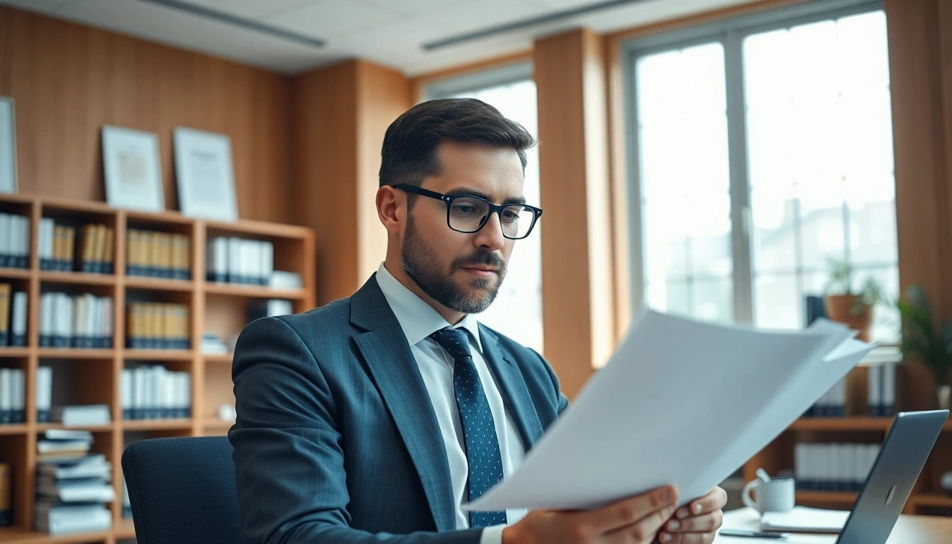 Intellectual property lawyer reviewing documents in a professional office setting.