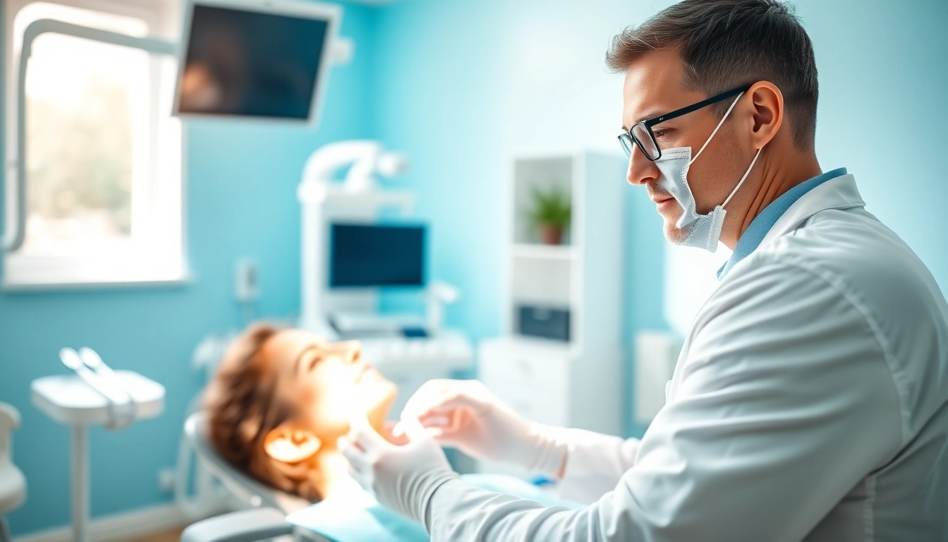 Checkups in a dental office with a dentist assisting a patient in a bright, professional environment.