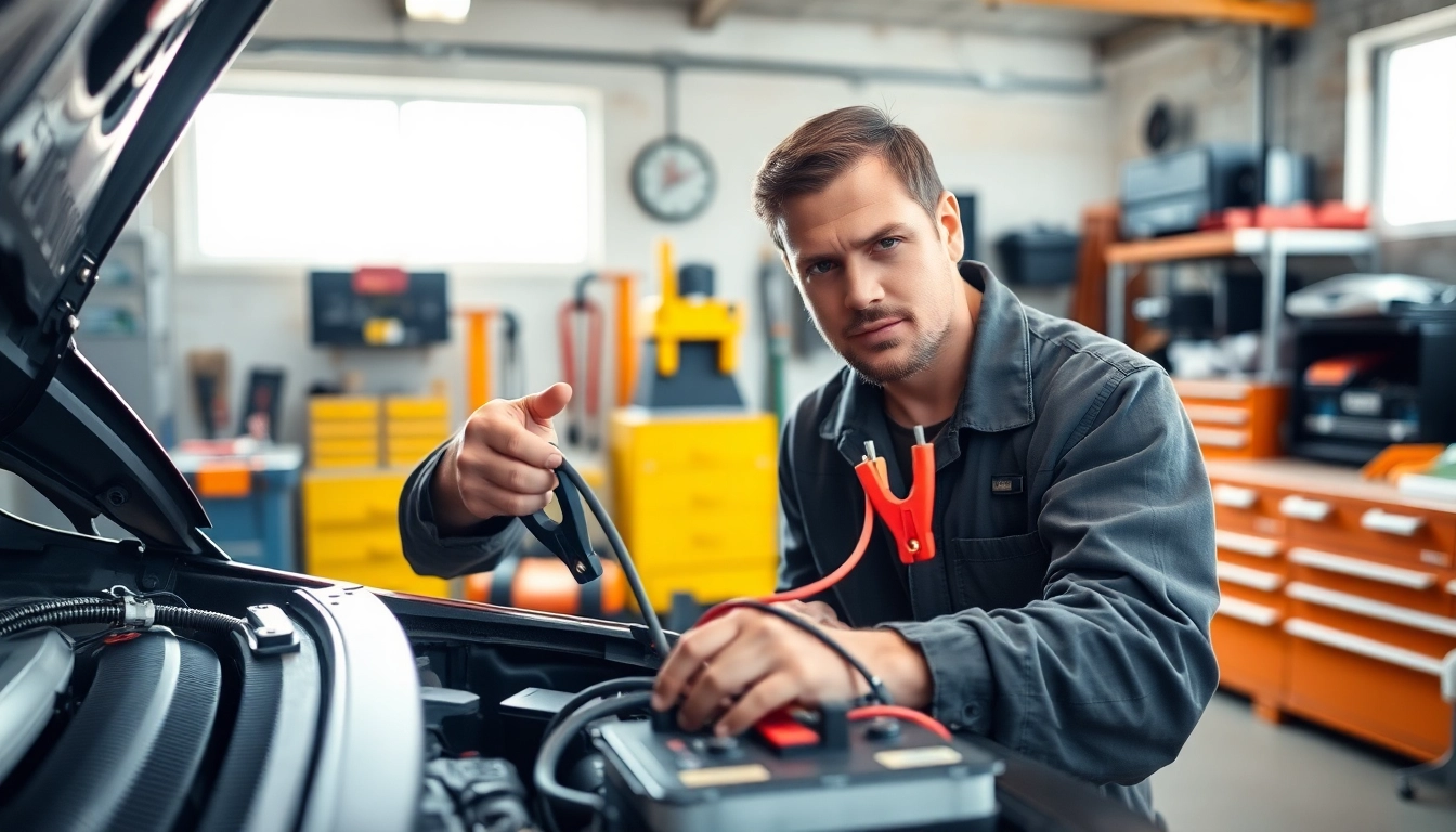 Uruchamianie akumulatora Mikołów - mechanic łączący kable rozruchowe w warsztacie.