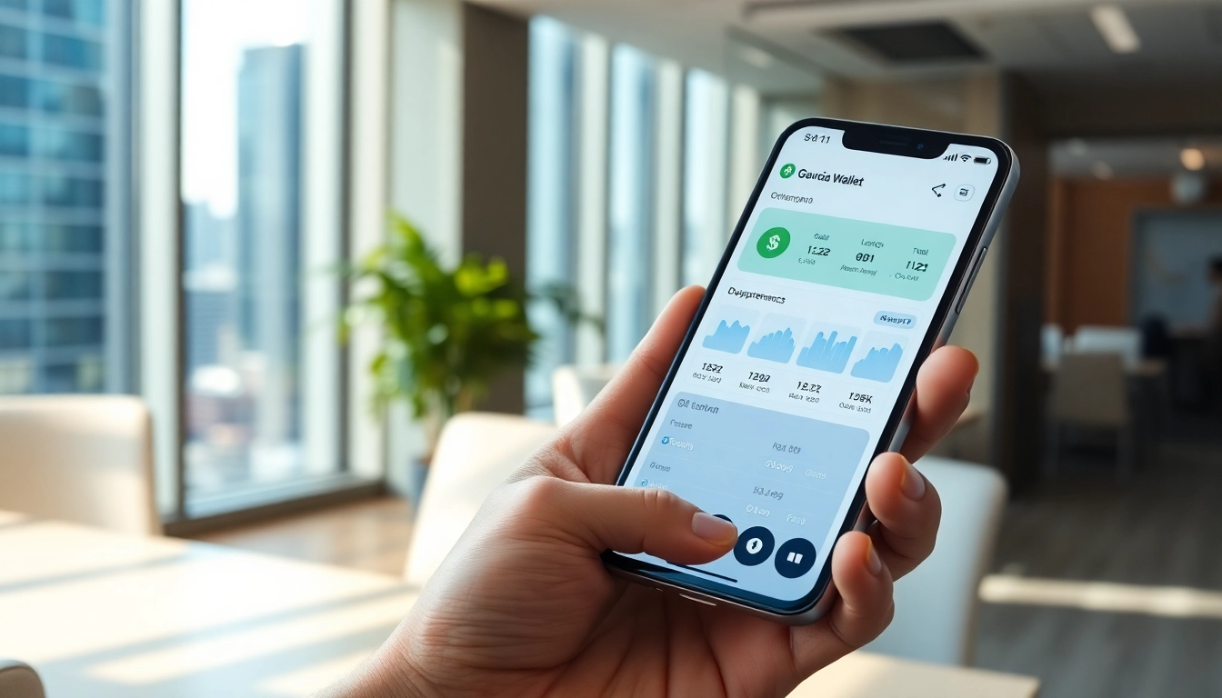 Showcasing the gaurda wallet app interface on a smartphone in a bright office setting.
