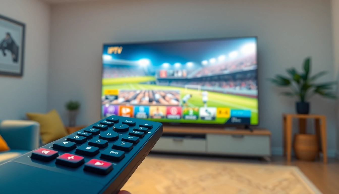 Comprar IPTV desde casa con una interfaz digital vibrante en un televisor moderno.