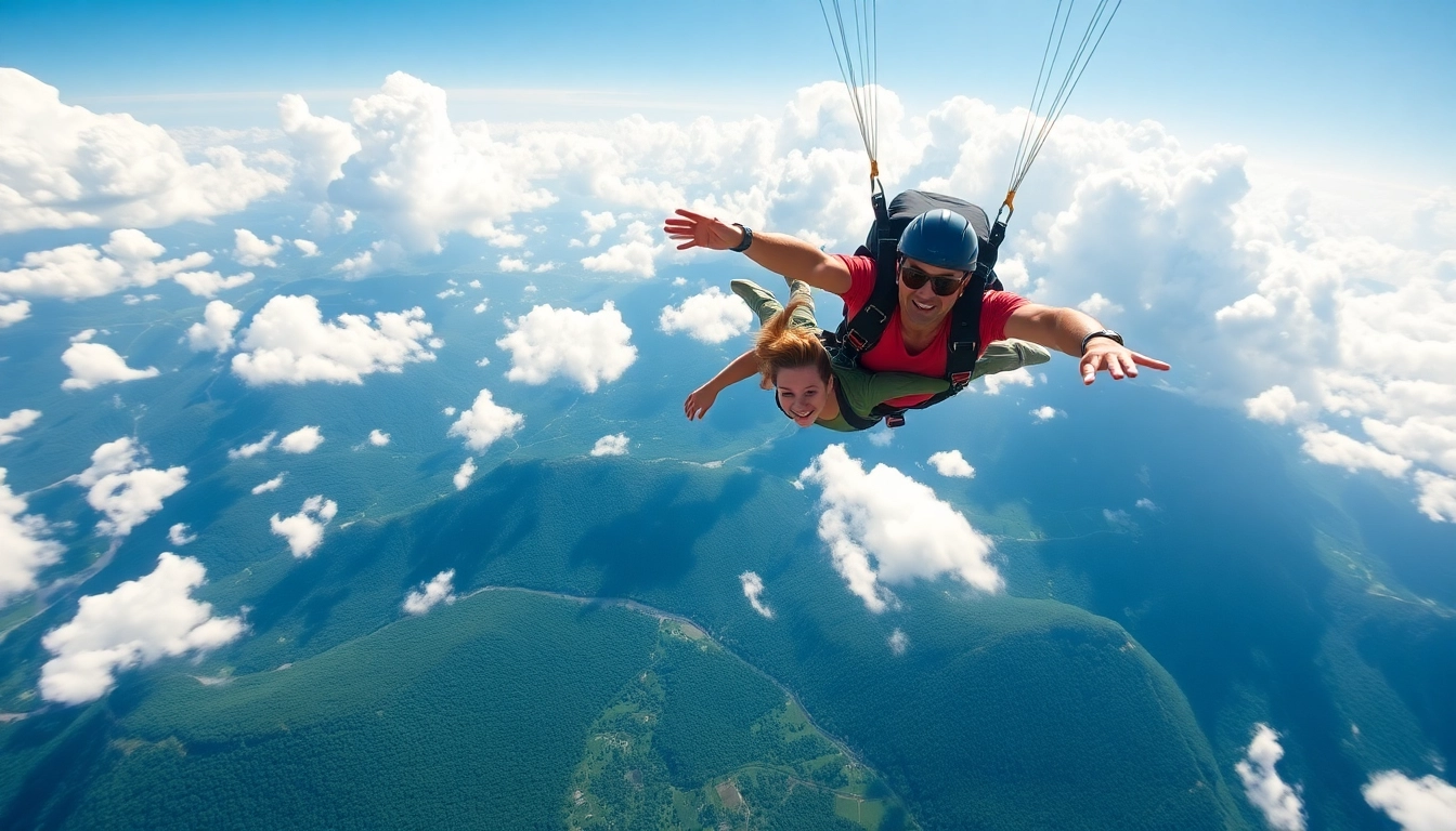 Tandemski skok s padalom prikazuje adrenalinski prosti padec z višine nad čudovito pokrajino.
