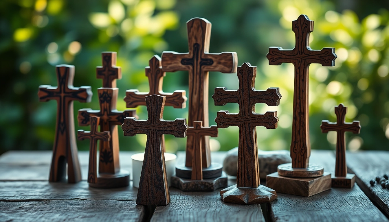 Admire beautifully crafted handmade crosses showcasing unique designs and natural wood textures.