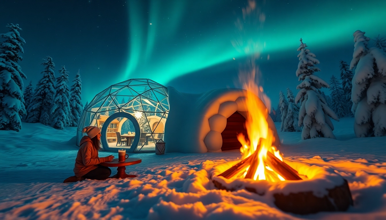 Experience a stunning igloo hotel under the northern lights with cozy atmosphere and snowy surroundings.