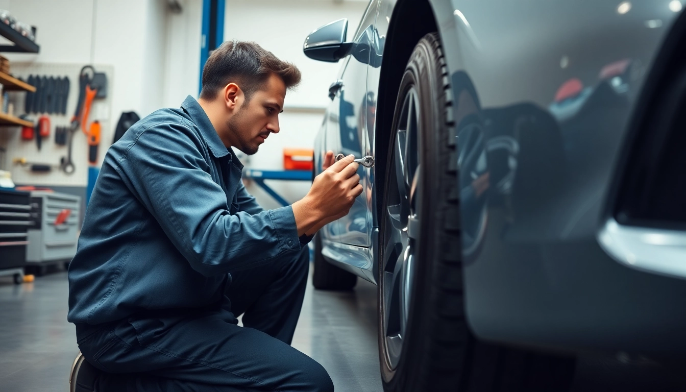 Wymiana koła Tychy - mechanik wymieniający koło w garażu z narzędziami w tle.