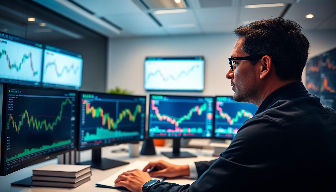 Engaged trader using Best Forex Signals Telegram to analyze market trends in a professional office.