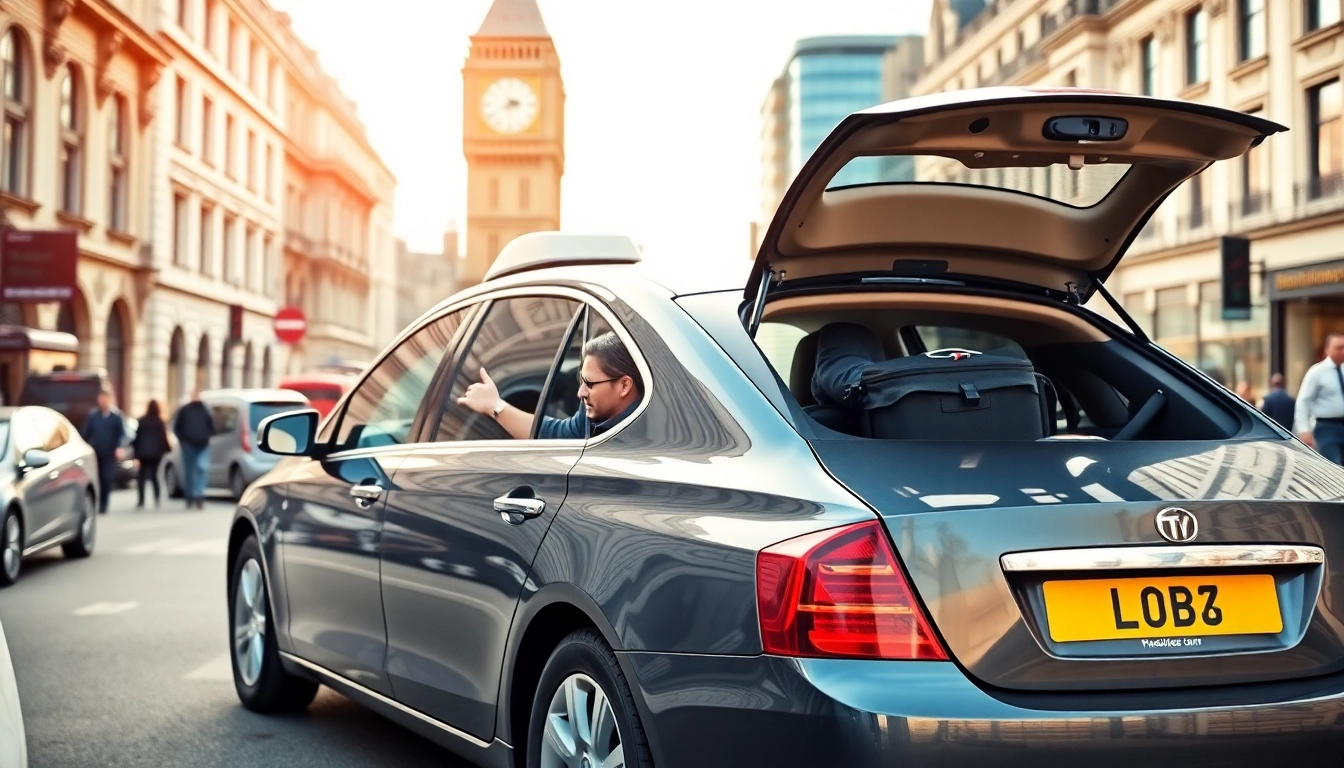 Broadstairs to London long distance taxi assisting passengers with luggage in a vibrant urban setting.