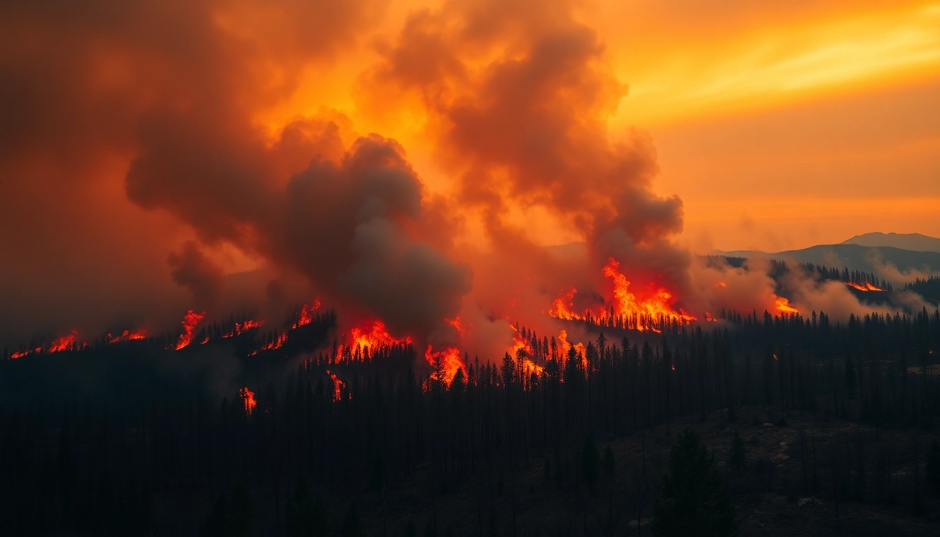 Intense wildfire events consuming a forest, showcasing destruction and urgency.