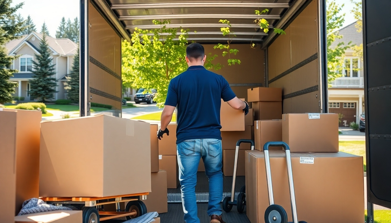 Movers Calgary loading boxes and furniture in a moving truck, depicting teamwork and professionalism.