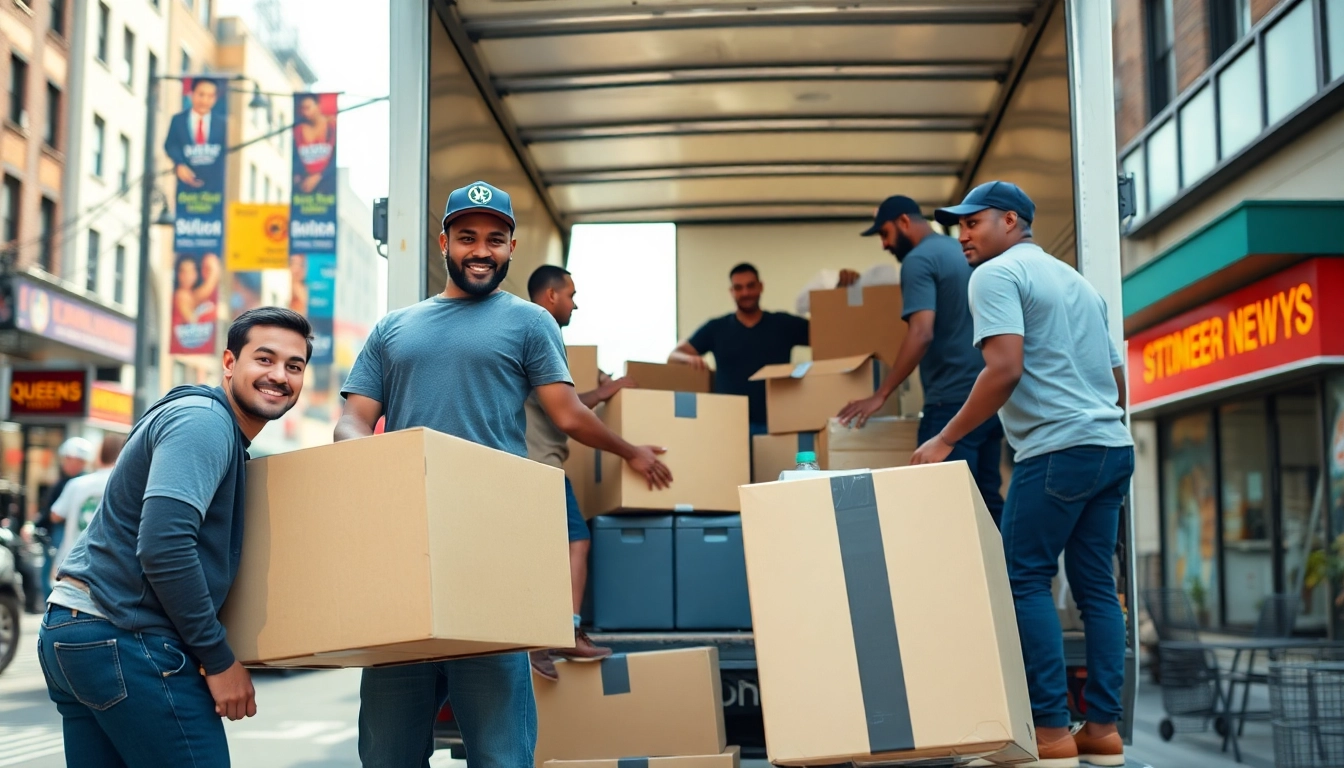 Efficient Queens movers loading a truck with items in a vibrant urban setting.