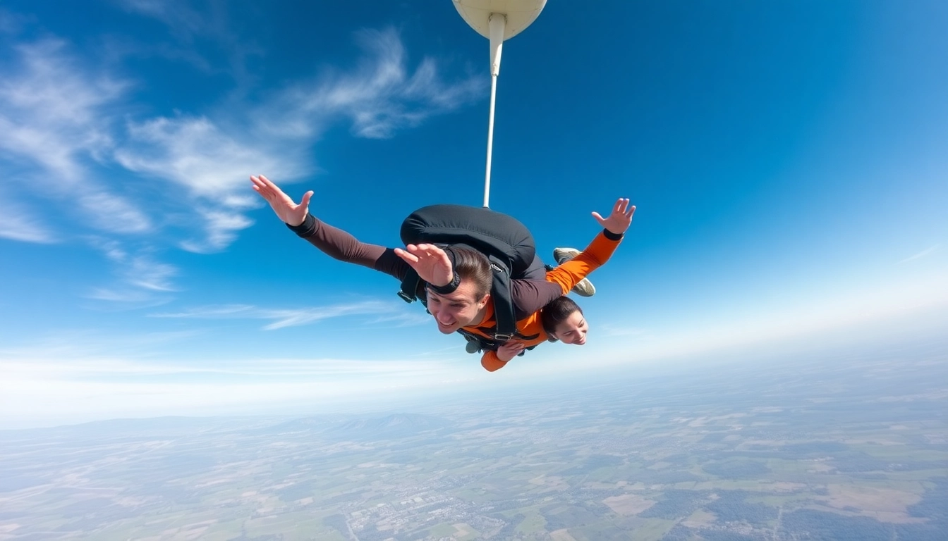 Skok s padalom v tandemu s thrill-seeking skydivers med prostim padanjem nad čudovito pokrajino.