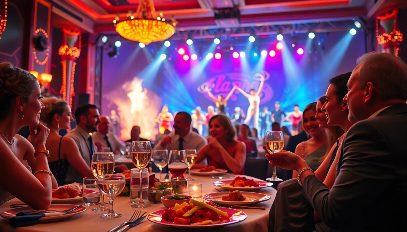 Guests enjoying dinner shows vegas with a vibrant performance in a lively Las Vegas setting.