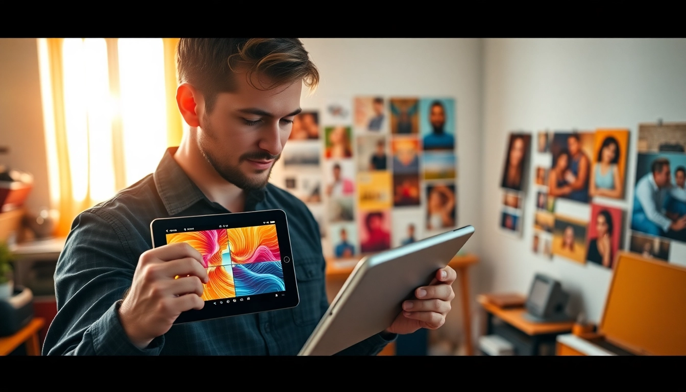 Unlock Free Presets & Samples while a photographer edits vibrant images in a colorful studio.