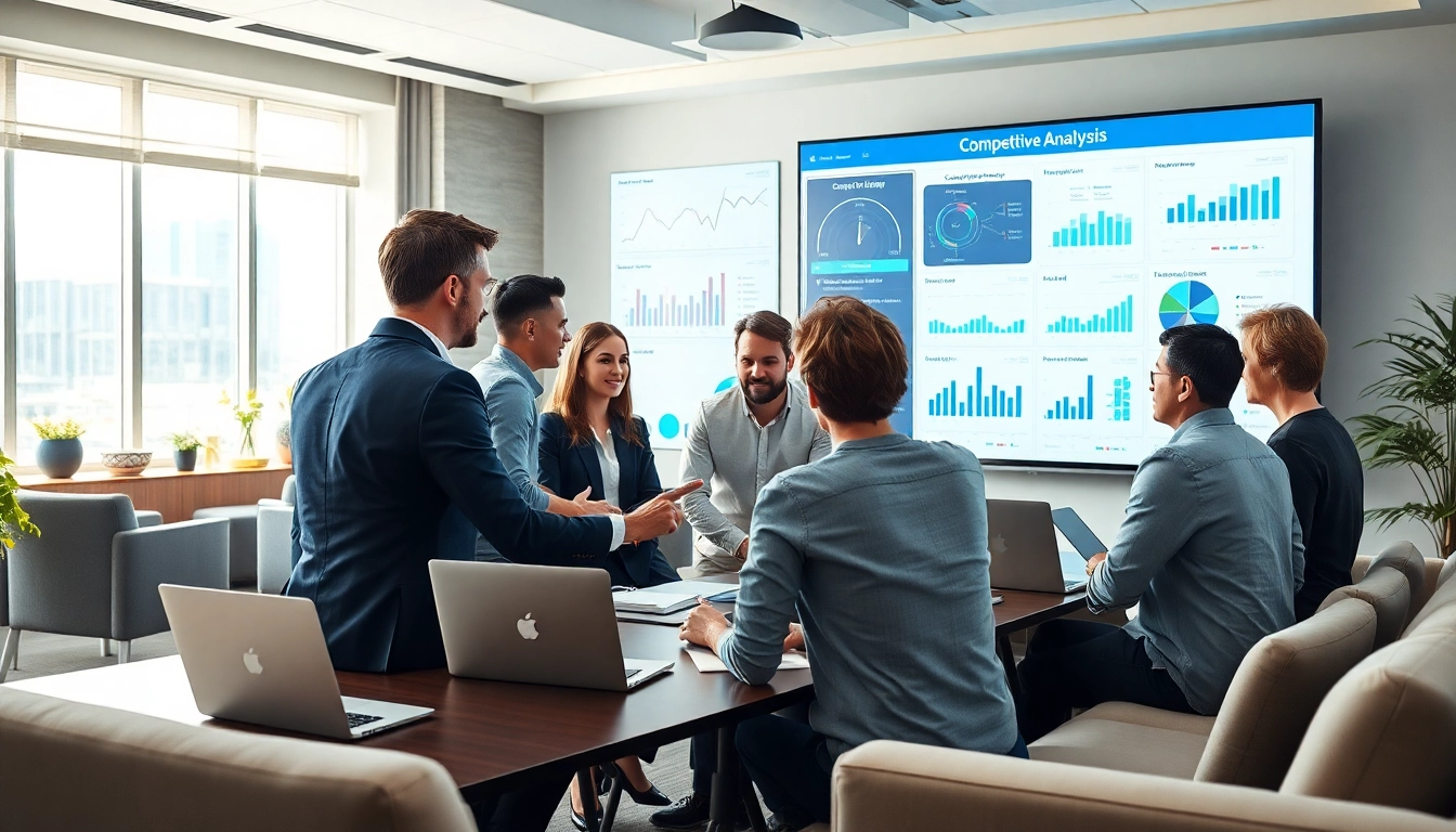 Sales professionals discussing competitive intelligence for sales with data visuals in a modern office setting.