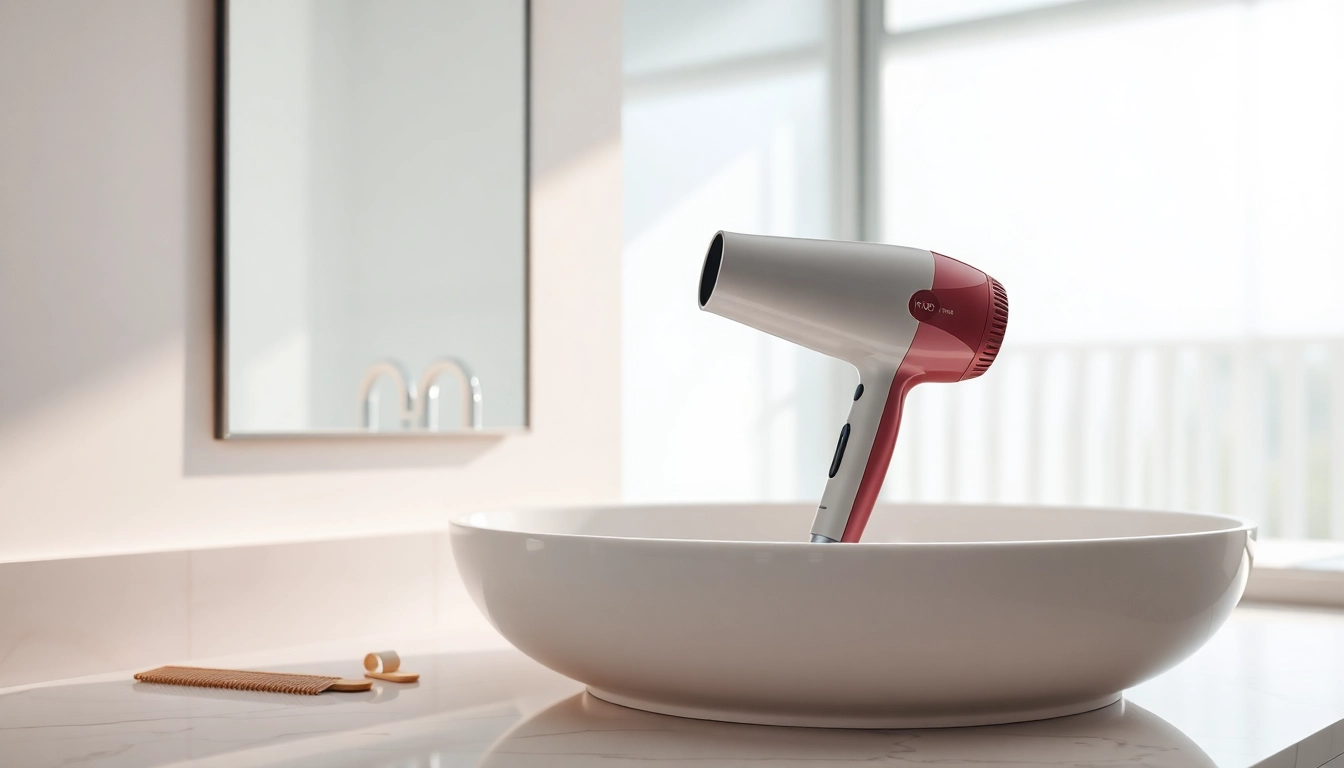 Usage of a lightweight hair dryer on a stylish bathroom countertop surrounded by accessories.