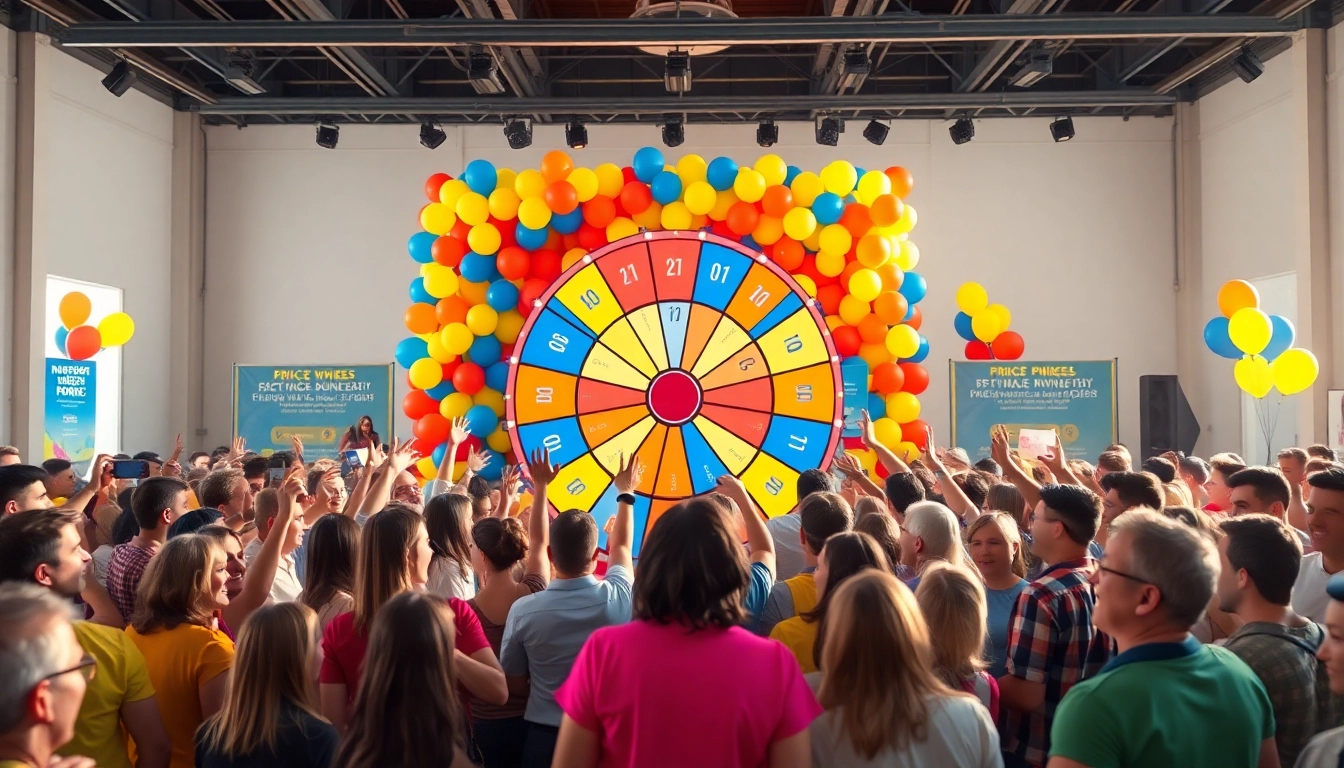 Participants enjoying a lively giveaway event with a colorful prize wheel and vibrant decorations.