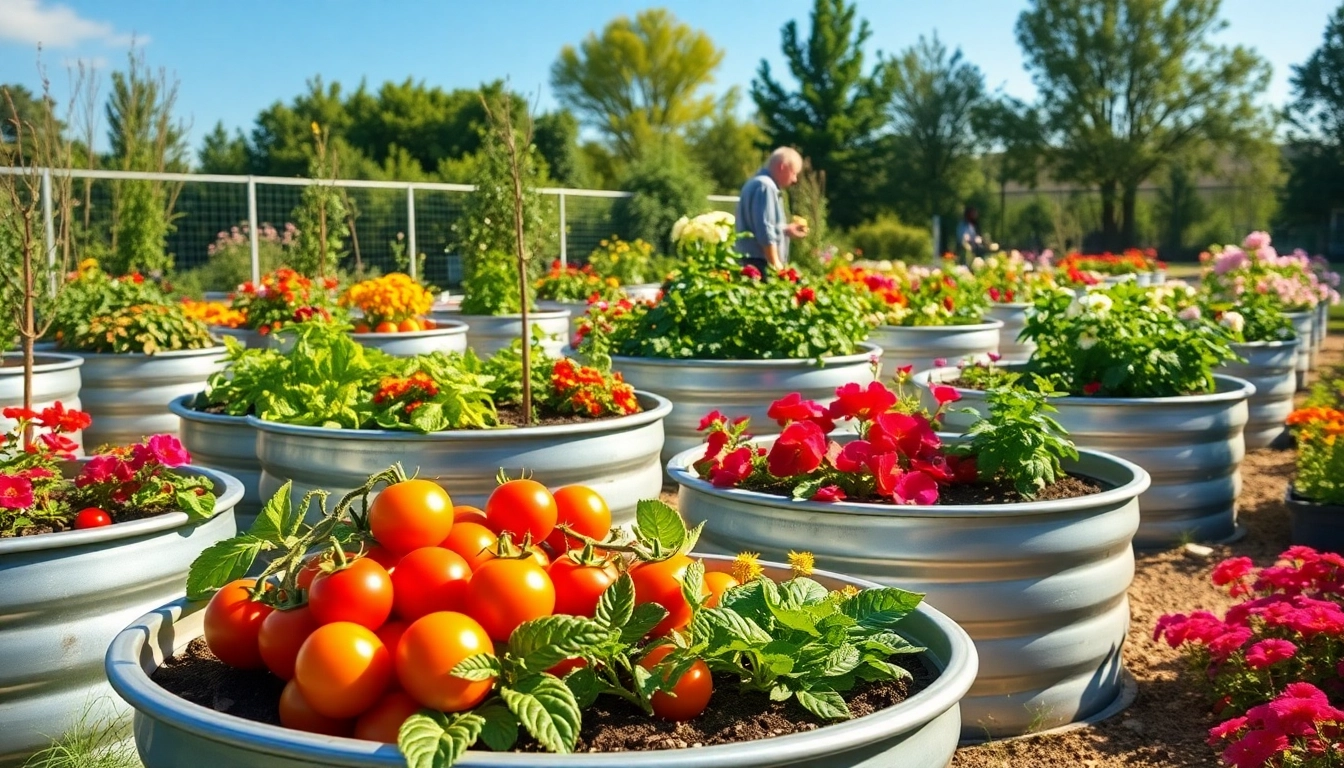 Vibrant view of galvanized raised beds filled with colorful vegetables in a sunny garden.