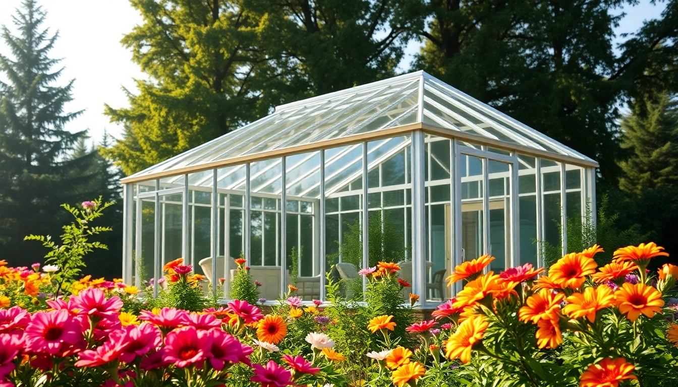 Explore a beautifully designed sunroom greenhouse kit surrounded by blooming flowers.