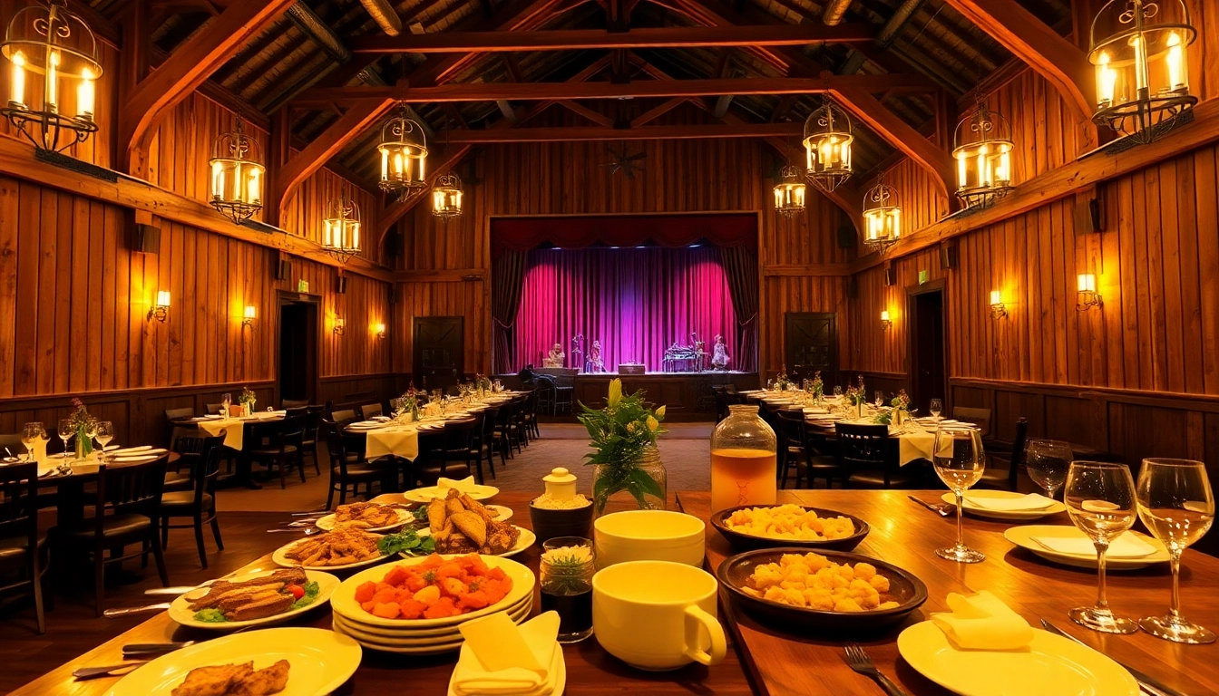 Guests enjoying a barn dinner theater with a warm buffet and stage backdrop.