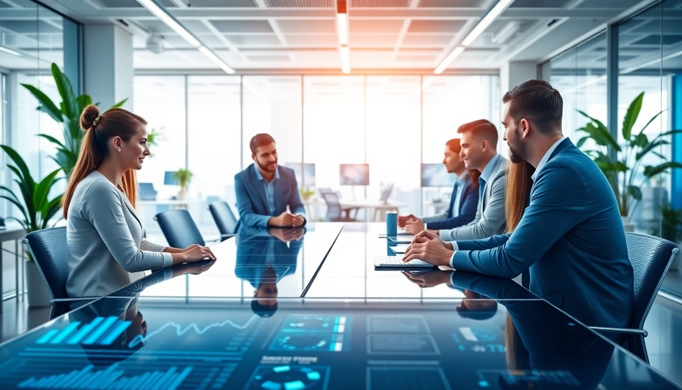 Engaging scene of IT companies collaborating in a modern office setting with high-tech tools.